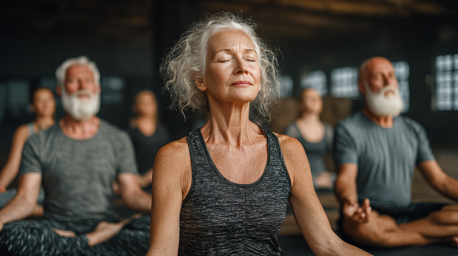 Група възрастни хора практикуват йога в светла зала